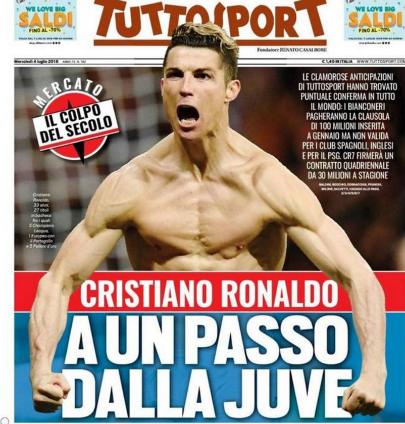 都灵体育报头版：尤文距签下C罗仅剩一步之遥！