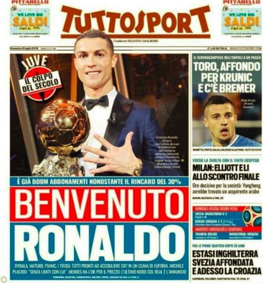 都灵体育报头版：欢迎C罗！