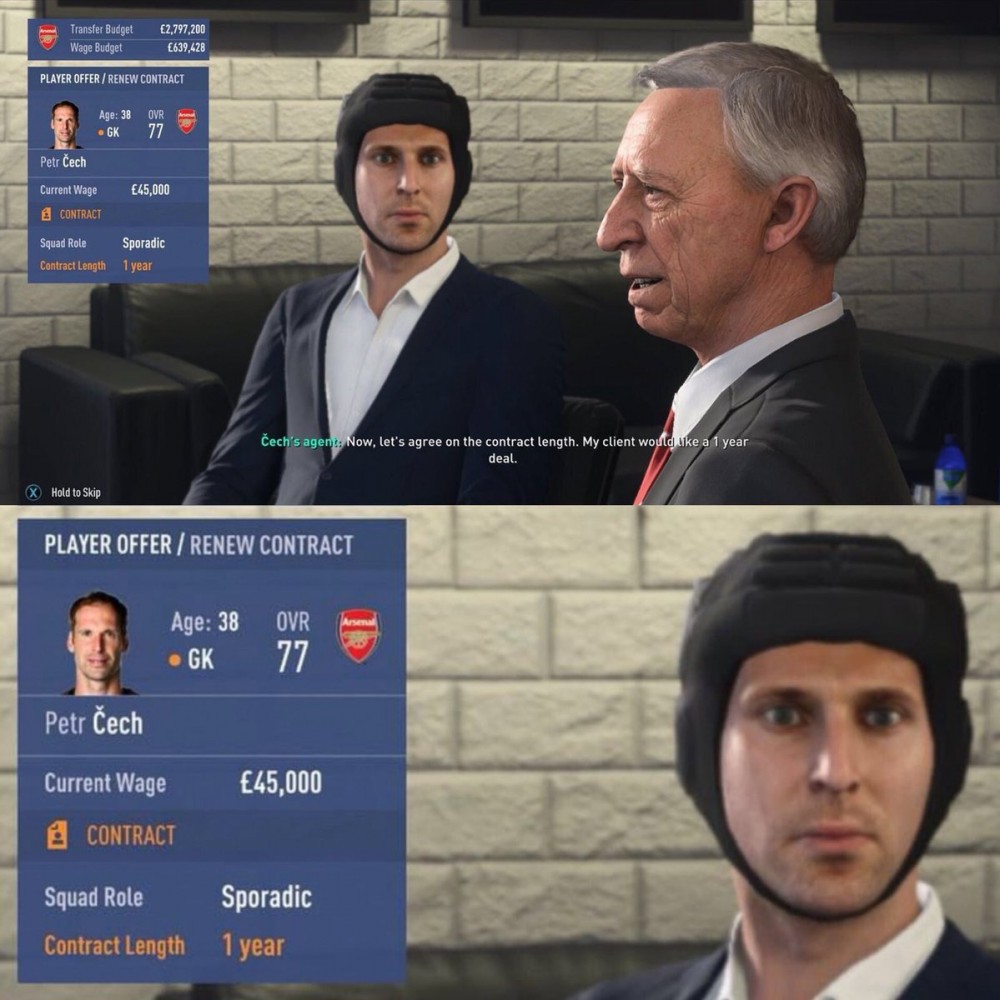 切赫：FIFA19谈判里戴帽子还不够真实，我会戴领带